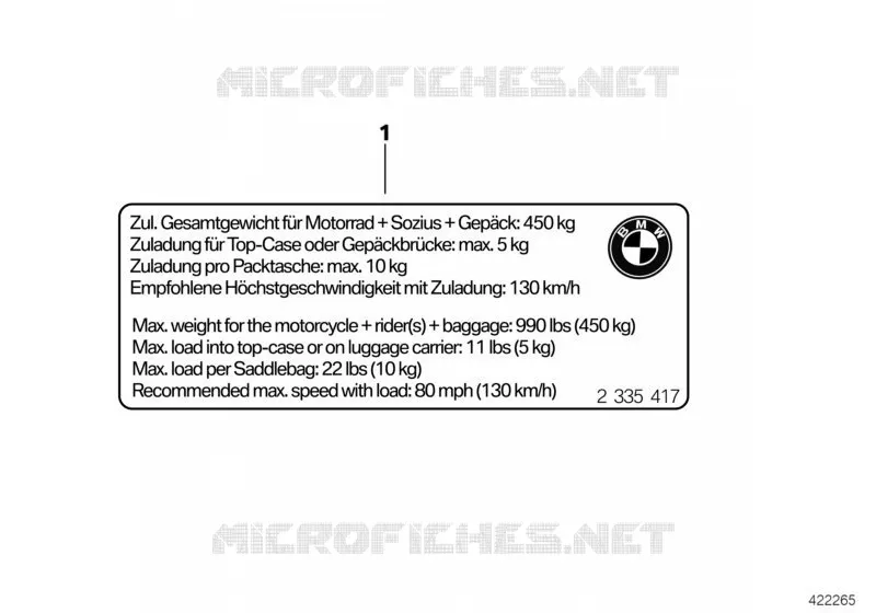 Plaquette charge utile BMW Motorrad BMW Motorrad K 1600 2010 6 cyl.  K48 (0601,0611)